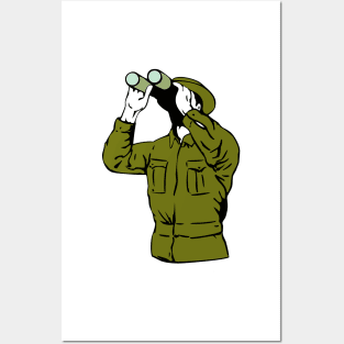 Army Soldier Looking Binoculars Retro Posters and Art